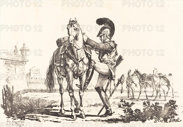 Carabinier Mounting a Horse. Creator: Carle Vernet.