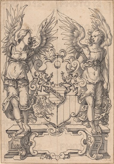 Two Angels Holding a Coat of Arms. Creator: Jost Ammon.