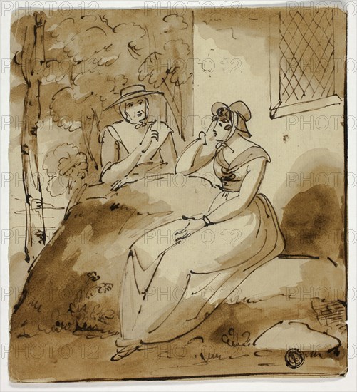 Two Women Conversing Near House, 1790. Creator: Unknown.