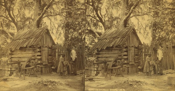 Grinding the axe, (1868-1900?). Creator: O. Pierre Havens.