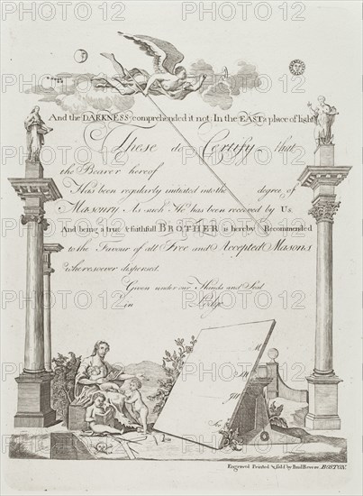 Masonic Certificate, 1796 (printed 1954). Creator: Paul Revere.