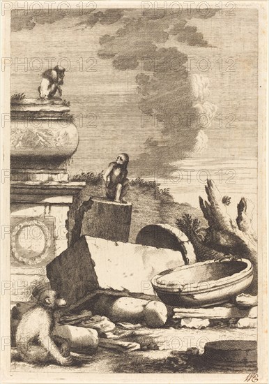 Ruins with Monkeys and an Owl, c. 1650. Creator: Bernhard Zaech.