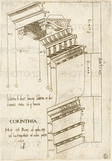 Entablature from the Basilica Ulpia, Rome, 1537. Creator: Master PS.