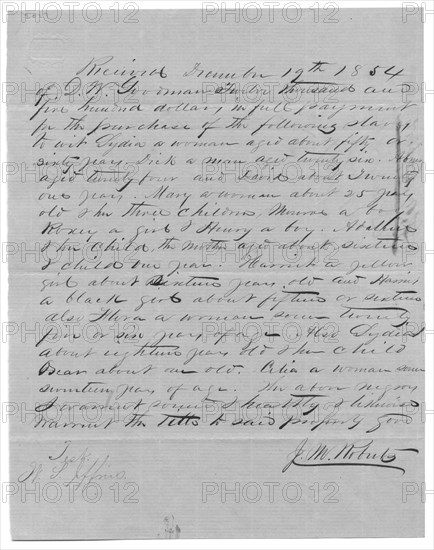 Receipt for $12,500 for slave purchase, 1854-12-19. Creator: Unknown.