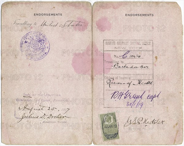 Caltilda Downes: Barbados Passport, interior, 1919. Creator: Unknown.