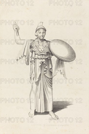 Minerva, From a Bronze by Daedalus, published 1829. Creator: W Walton.
