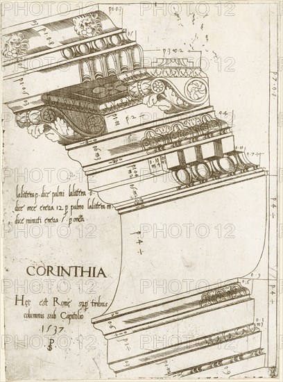 Entablature from the Temple of Vespasian, Rome, 1537. Creator: Master PS.