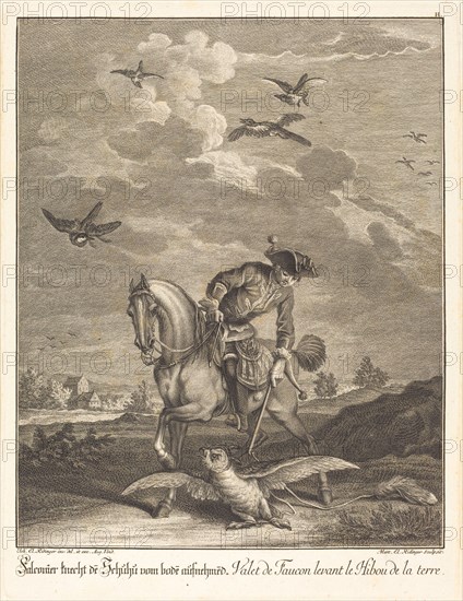 Falconeer Lifting an Owl from the Ground. Creator: Johann Elias Ridinger.