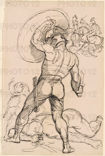 An Ancient Roman Warrior in Battle, c. 1830. Creator: Hippolyte Lalaisse.