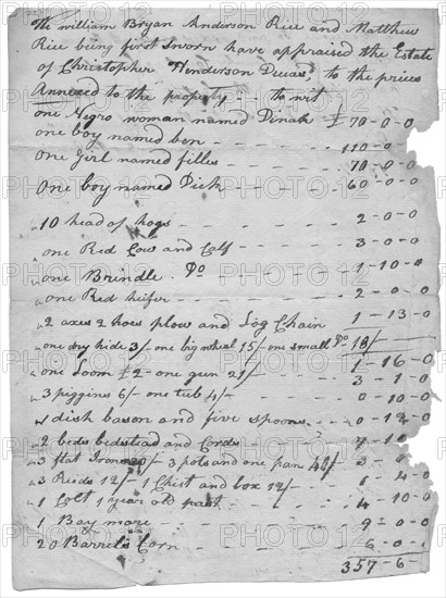 List of slaves, animals, etc and values for each, 1807. Creator: Unknown.