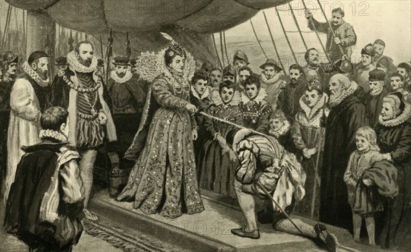 'Queen Elizabeth Knighting Sir Francis Drake', (1902).  Creator: Unknown.