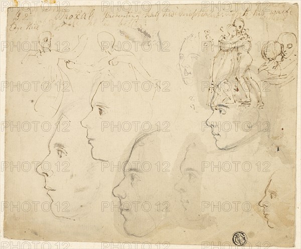 Sketches of Male Profiles, Couple Embracing, n.d. Creator: Thomas Stothard.