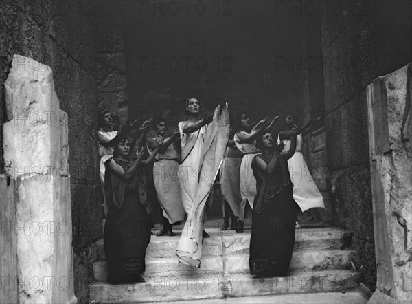 Kanellos dance group at ancient sites in Greece, 1929 Creator: Arnold Genthe.