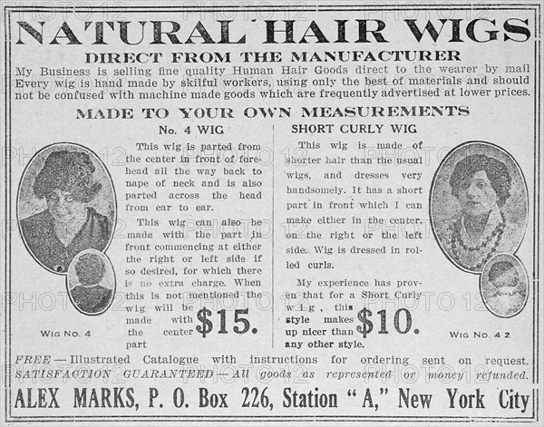 Natural hair wigs; Direct from the manufacturer, 1918-1922. Creator: Unknown.