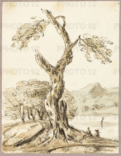 Large Tree with Lake and Mountains in Background, n.d. Creator: Thomas Barker.