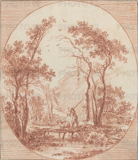 A Farmer and a Sheep Crossing a Rustic Bridge. Creator: Jean Baptiste Le Prince.