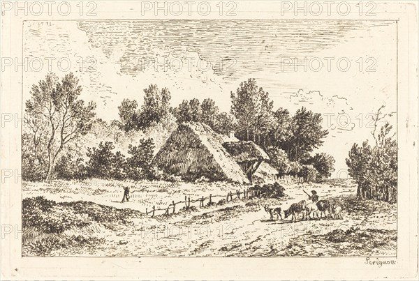 A Low Cottage with a Herdsman Leading His Flock, 1771. Creator: Nicolas Perignon.