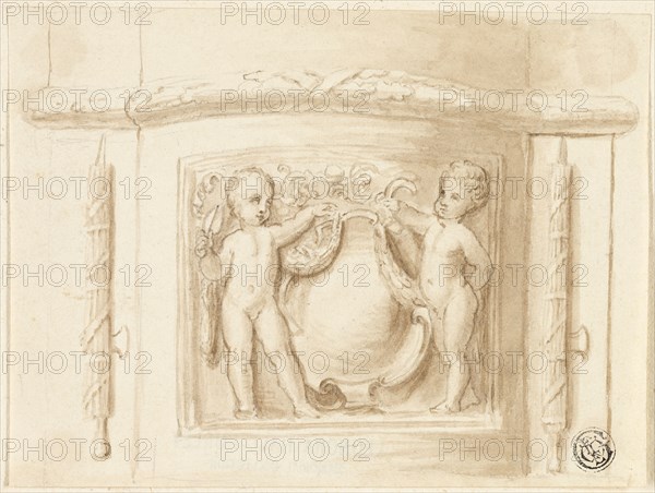 Base of Pilaster with Relief, with 2 Putti, Shield, n.d. Creator: Thomas Stothard.