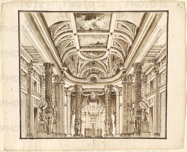 Fantasy of a Great Hall with Basketweave Columns, c. 1800. Creator: Pietro Gonzaga.