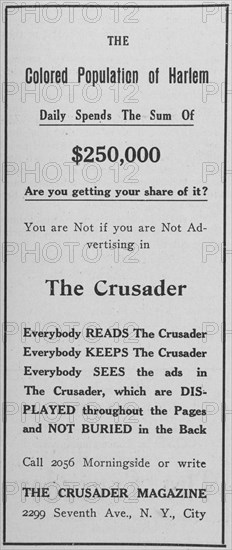 The Colored population of Harlem; The Crusader Magazine, 1918-1922. Creator: Unknown.