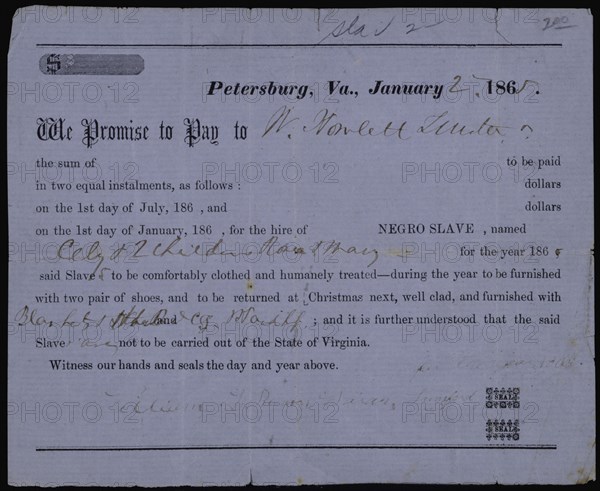 Promissory note for hire of slave Cely and two children, 1865-01-02. Creator: Unknown.