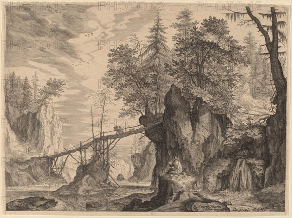 Draughtsman on a Stone before a Bridge, probably c. 1609. Creator: Aegidius Sadeler II.