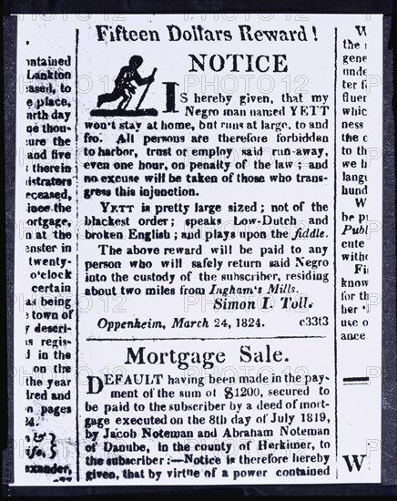 Reward notice for bilingual runaway slave, Oppenheim, New York, 1824. Creator: Unknown.