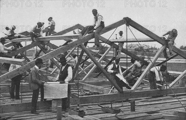 Students framing the roof of a large building, 1904. Creator: Frances Benjamin Johnston.