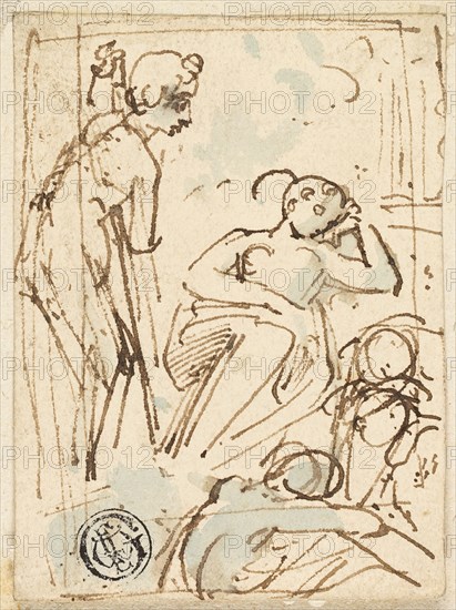 Sketch of Man Leaning on Staff, Looking at Sleeping Woman, n.d. Creator: Thomas Stothard.