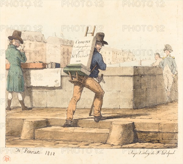 Artist Carrying Easel with a Lithographic Stone, 1818. Creator: Emile Jean-Horace Vernet.