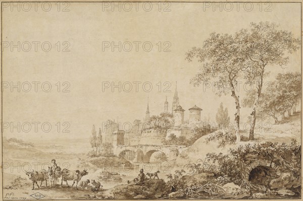 Shepherds in a Landscape before a Fortified Town, 1777. Creator: Jean Baptiste Le Prince.
