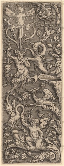 Ornament with a Cupid, a Satyr, and Grotesque Figures. Creator: Master of the Horse Heads.