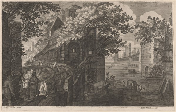 Gondolas on a River by a Palace, 1600/1615. Creators: Aegidius Sadeler II, Pieter Stevens.