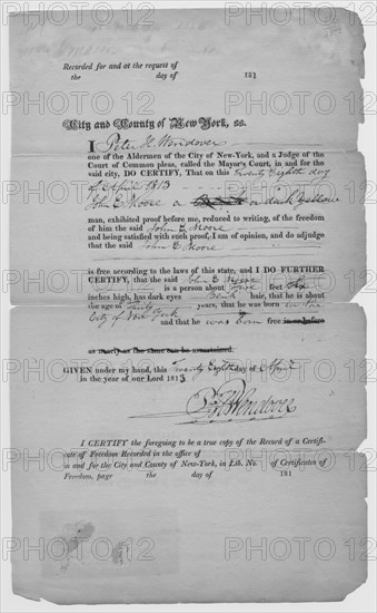 Certificate from County of NY of manumission for John Moore, 1813-04-28. Creator: Unknown.