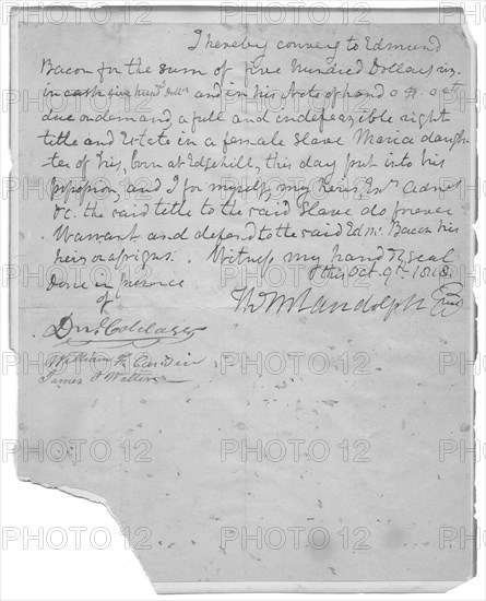 State's conveyance of $500 to Edmund Bacon for slave, Maria, 1818-10-09. Creator: Unknown.