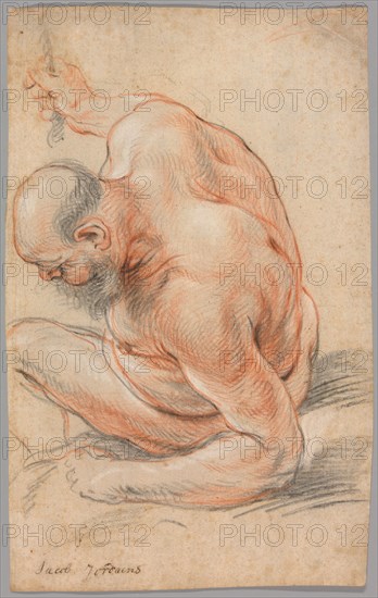 Nude Old Man Seated, Leaning on His Forearm, Facing Left, c. 1640. Creator: Jacob Jordaens.