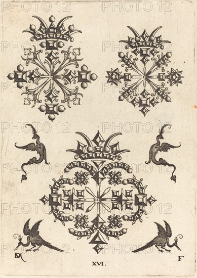 Three Brooches with Fantasy Birds at Left, Right, and Bottom, 1596. Creator: Daniel Mignot.