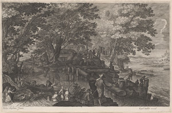 Fishermen by an Island Watermill, 1610/1615. Creators: Aegidius Sadeler II, Pieter Stevens.