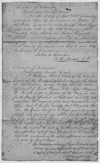 Affidavit certifying that Elizabeth Fletcher is a free woman, 1835-09-15. Creator: Unknown.