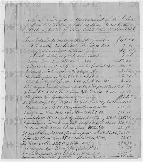 Inventory and appraisement of the estate of Daniel McWilliams, 1854-12-06. Creator: Unknown.