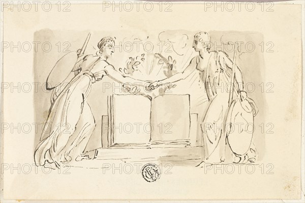 Two Allegorical Female Figures Clasping Hands before Book, 1830/34. Creator: Thomas Stothard.