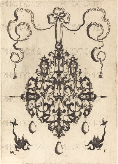 Large Pendant, Two Fantasy Creatures with Long Tails at Bottom, 1596. Creator: Daniel Mignot.