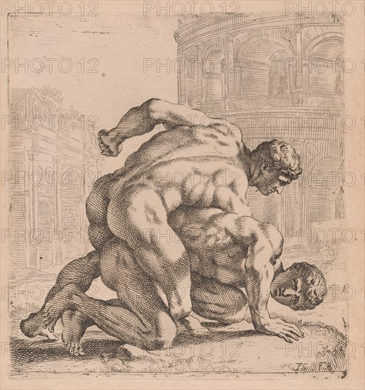 The Medici Wrestlers, side view, turned to right [plate 35], 1638. Creator: François Perrier.