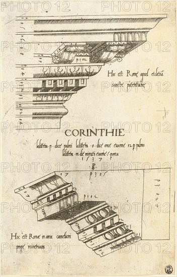 Entablatures from Santa Pudenziana and the Arch of Camigliano, Rome, 1537. Creator: Master PS.