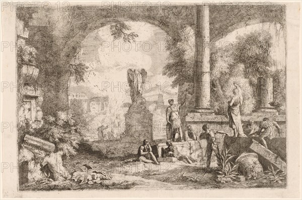 Capriccio of Antique Ruins with Men Gazing at a Classical Orator, 1720s. Creator: Marco Ricci.