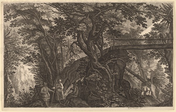 Forest Landscape with Two Men and a Woman Resting near a Bridge. Creator: Aegidius Sadeler II.