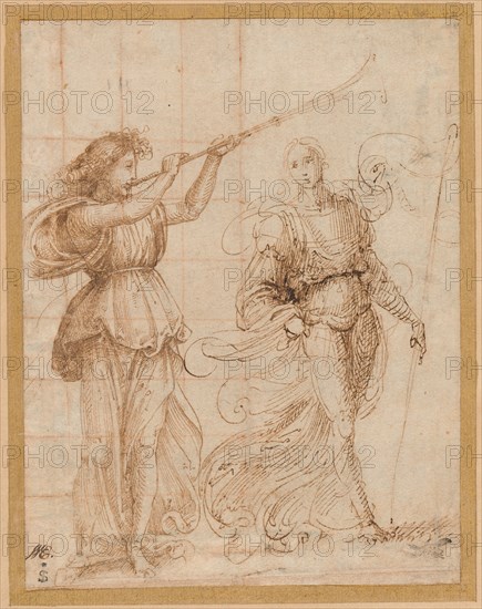 One Angel Blowing a Trumpet, and Another Holding a Standard, c. 1500. Creator: Fra Bartolomeo.