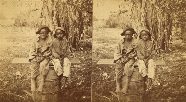 Happy little nig's, [Two boys sitting on a barrel in a field], (1868-1900?). Creator: Unknown.