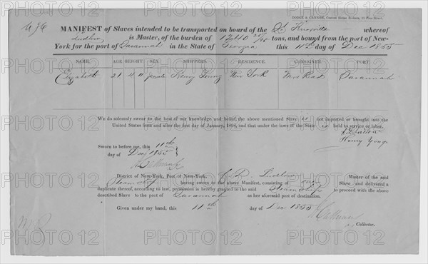 Manifest of Slaves intended to be transported on board the Knoxville...1855. Creator: Unknown.