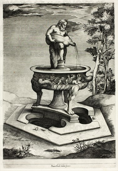 Fountain with Silenus in the Garden of the Cesi Palace near Rome, 1581. Creator: Pieter Perret.